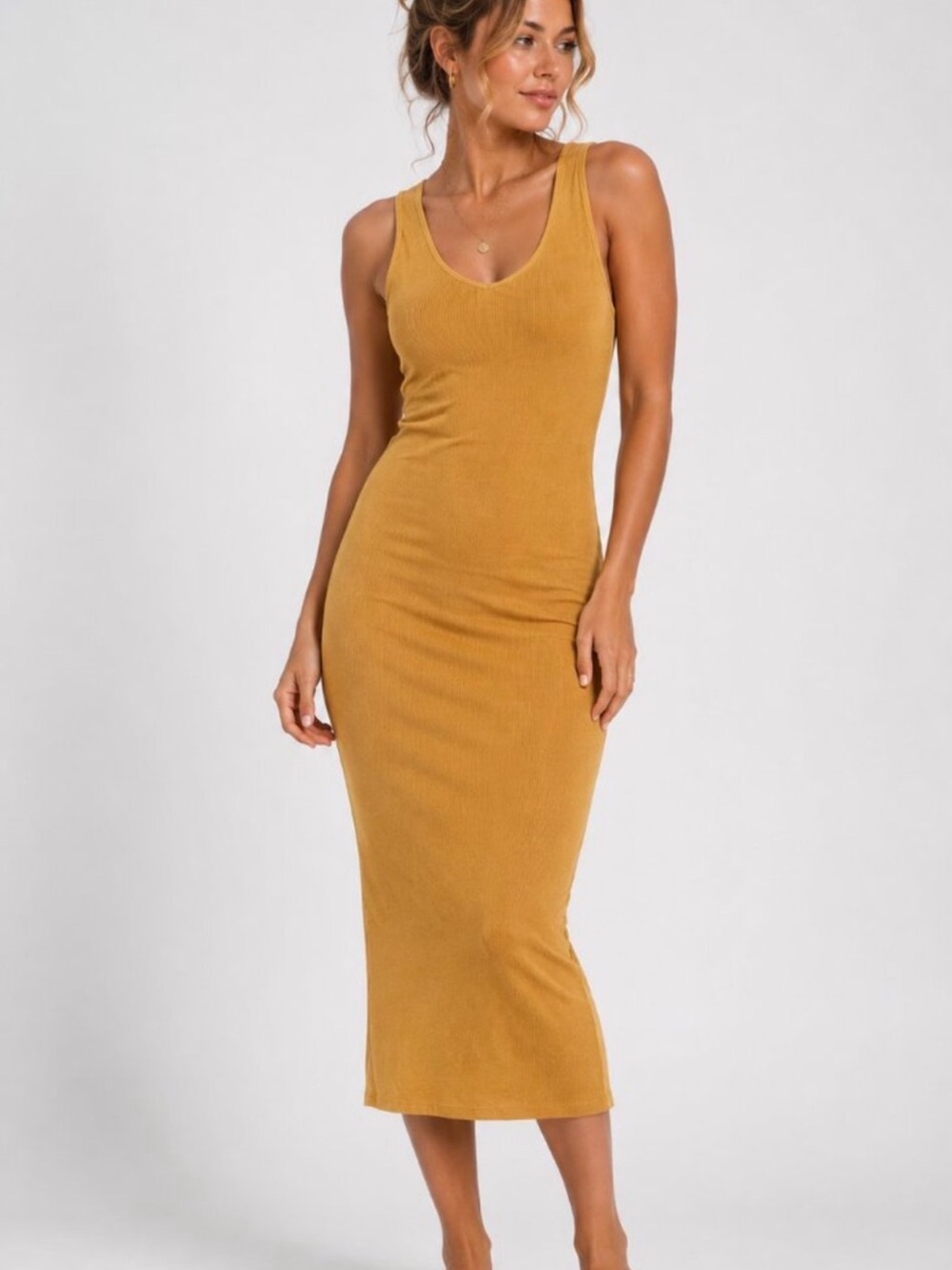 ENZA COSTA • Mustard yellow Ribbed Tank Midi Dress - Small